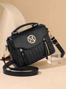 女士时尚“M”字母手机零钱包斜挎包，编织纹理翻盖，可调节肩带，轻便单肩包，适合日常通勤、办事、购物。 - 黑色 - 查看 10