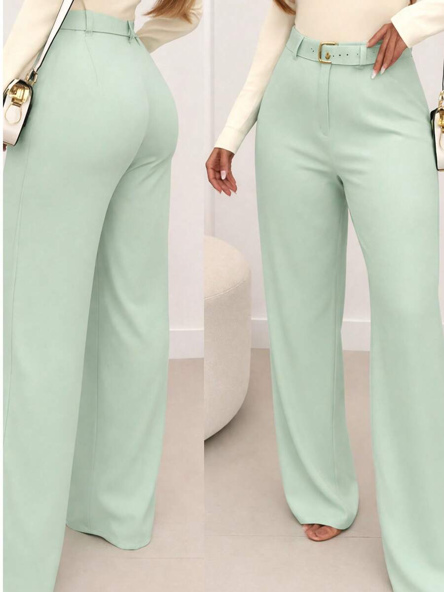 Tailored Wide-Leg Trousers With Belt. - Mint Green - View 1