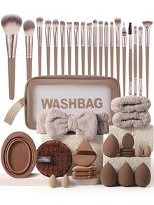 42件套化妆工具套装，包括：20支化妆刷套装+1个多功能防水拉链化妆包+4个化妆海绵+4个迷你化妆海绵+4个三角粉扑+4个迷你气垫粉扑+1个发圈+2个手碗挂绳+1个化妆刷清洁工具+1个洁面海绵，赠品，专业化妆刷，全套化妆工具 - 棕色 - 查看 13
