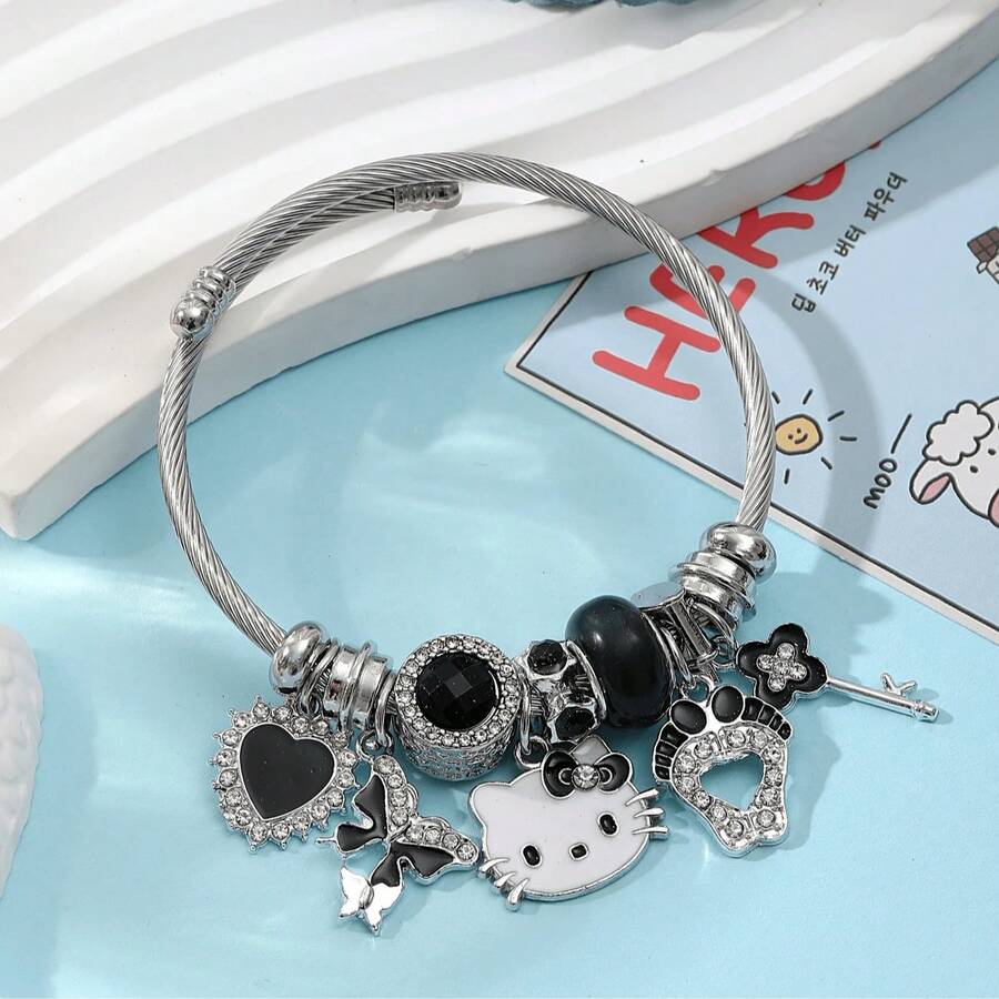 Sanrio 1件三丽鸥Hello Kitty可爱吊坠手镯，闪亮水钻心形钥匙吊坠手链，Y2K风格银色饰品 - 情人节送给女性和三丽鸥粉丝的完美礼物 - 彩色 - 查看 1