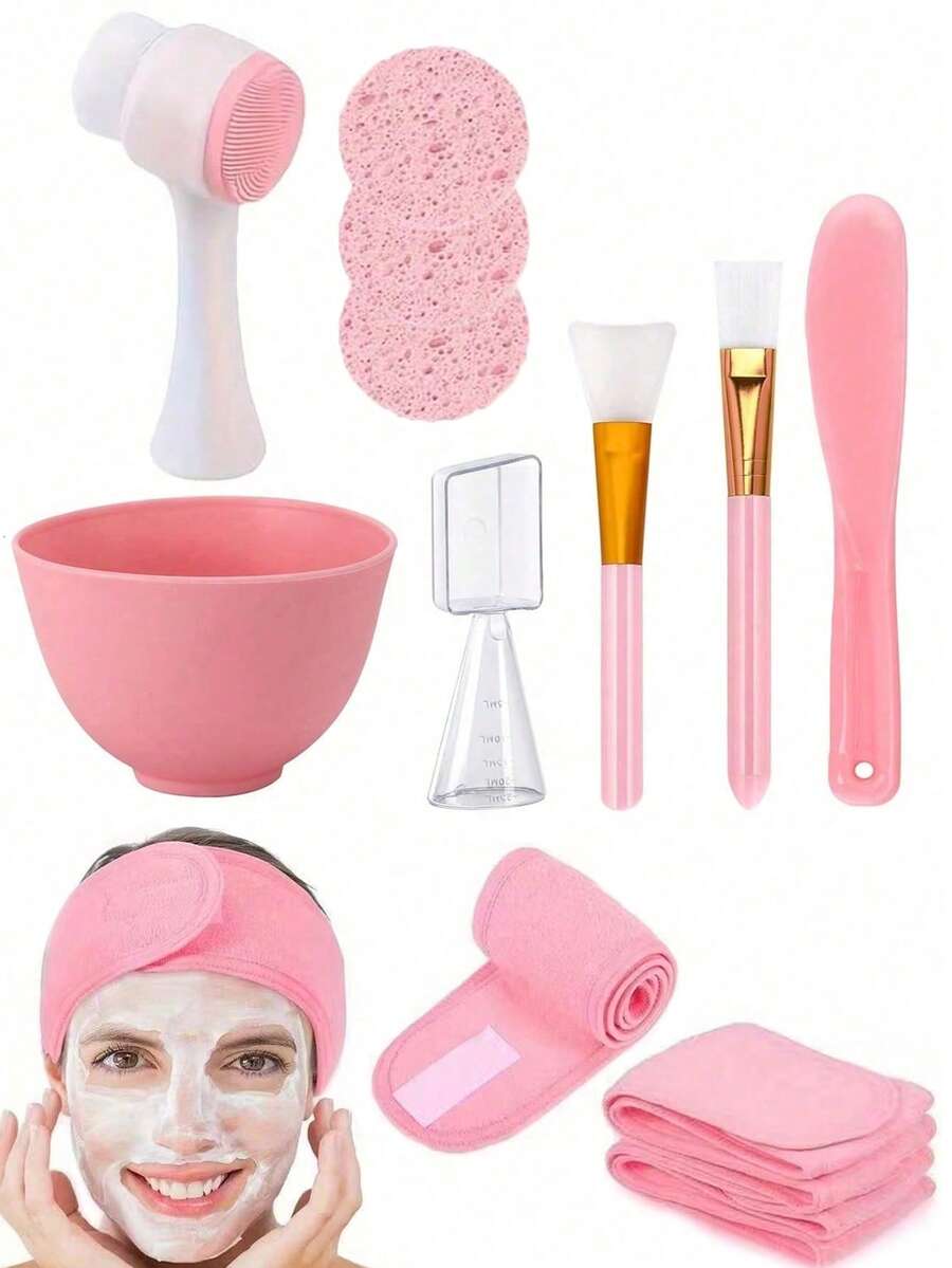 3-12pcs Facial Cleansing Brush Set, Soft Bristle Manual Face Cleaning Brush, Makeup Sponge, Silicone Mask Mixing Bowl & Spatula, Mixing Scraper, Gentle Brush, Adjustable Headband & 2-In-1 Measuring Cup, Portable Travel Skincare Kit - Multicolor - View 1