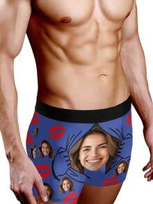 1 Pc Custom Men's Boxer Briefs, Personalized Face Customization, Printed With Christmas Elements Such As Snowflakes And Christmas Trees, As Well As Customizable Character Patterns. Personalized Photo Men's Boxer Shorts, Sweet And Romantic Long Men's Underwear, A Gift For Your Beloved, Anniversary Gift, Wedding Gift, Couple Gift, Best Friend Gift, Boyfriend/Husband/His Gift - Màu xanh lam - Xem 6