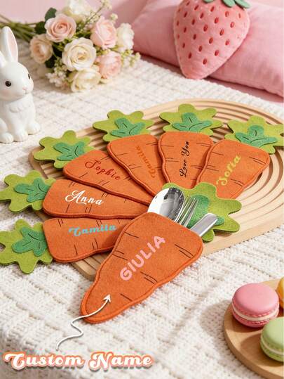 1pc Customizable Easter Cutlery Bag ,Carrot Shape Cutlery Storage Bag, Silverware Caddy Holder Bag,Candy Rack, Suitable For Home, Kitchen, Hotel, Bar, Cafe, Restaurant, Office And Other Occasions Easter Tableware Party Decoration, Etc., Add Festive