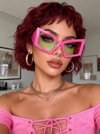 1副个性化大框猫眼时尚眼镜，复古别致嘻哈海滩配饰，玫瑰红派对时尚眼镜，波西米亚风万圣节海滩配饰，女士基础款，适合秋冬季女士穿搭，商务休闲礼物，夏季海滩度假户外旅行