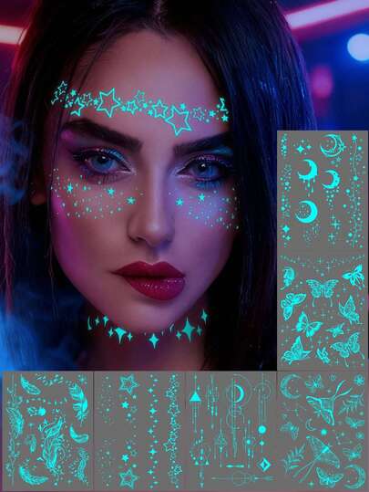 Glow-In-The-Dark Blue Temporary Tattoos With White Butterfly, Star, Moon, Feather, Geometric Patterns, DIY Shiny For Music Festivals, Carnival, Valentine's Day, Party Gifts, Suitable For Fingers, Ears, Shoulders, Neck, Collarbones, And Small Body Areas