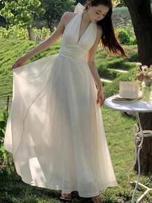 情人节优雅V领雪纺夏季连衣裙 女士纯色露背吊带婚纱派对舞会礼服 女士假日度假沙滩连衣裙套装 春季 - 米色 - 查看 2