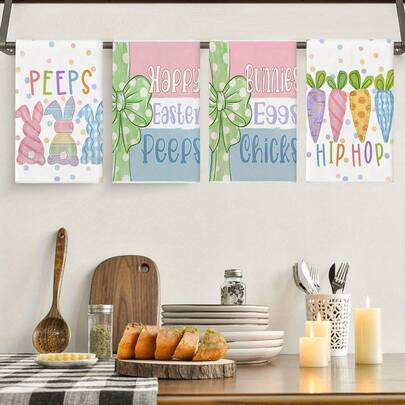 2pcs/4pcs Easter Kitchen Towels, Cartoon Colorful Rabbit, Carrot, Striped And Polka Dot Print Design, Super Soft Microfiber Dish Cloths, Machine Washable, Easter Party Decor, For Cooking And Cleaning