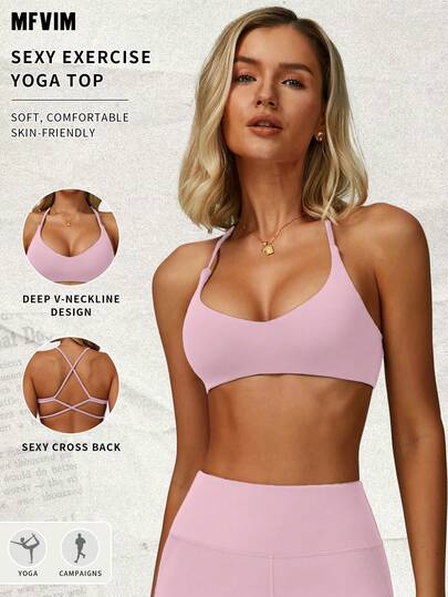  MFVIM Women's Pink Sports Bra, Criss-Cross Backless Design Sexy Wireless Sports Bra, Breathable Soft Elastic Fabric Suitable For Commuting, Outdoor, Running, Cycling, Yoga, Pilates, Gym Workout