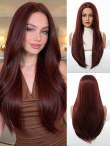 Romantic Wine Red Middle Part Straight Wig - Suitable For Valentine's Day Dates, Anniversary Dinners, And Other Romantic Occasions - Burgundy - View 2
