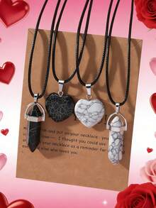 4入組夜光彩色水晶心火山石友誼情侶項鍊,最好禮物適用於女士們至穿戴在日常生活 - 彩色 - 查看 5