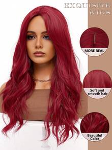 clouder Gothic Punk Burgundy Long Wavy Curls Wig 26-Inch Center-Parted Bangs Heat-Resistant Synthetic Fiber Wig Women's Soft Voluminous Curls Suitable For Daily Cosplay, Street Style, Holiday Parties, Music Festivals, Y2K Aesthetic, Avant-Garde College Style, Modern Fashion Punk Looks - 紅色 - 查看 8