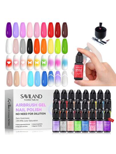  Saviland Airbrush Gel Nail Polish Hema Free Dilution Free 24 Colors Non Acetone For Gradients Blush Layered Nail Art High Color Saturation Various Pattern Designs Professional Home Salon Starter Kit