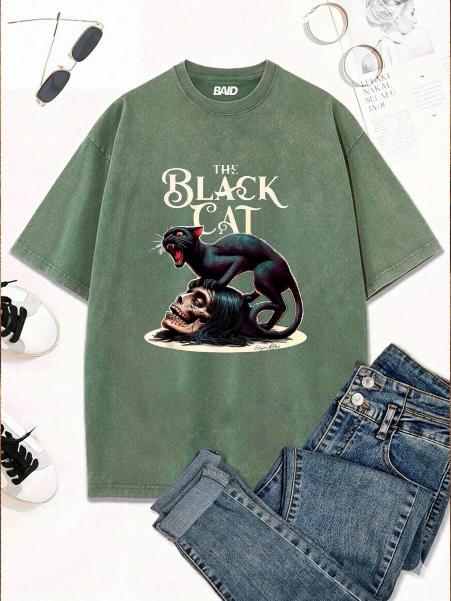 Stonewashed Streetwear Cat Dark Head Skull Emo Gothic Fans Street Fashion Urban Culture Unisex Men's Women's 100% Cotton Top Premium Streetwear New Release Immediate Shipping Various Colors!! - 綠色 - 查看 1