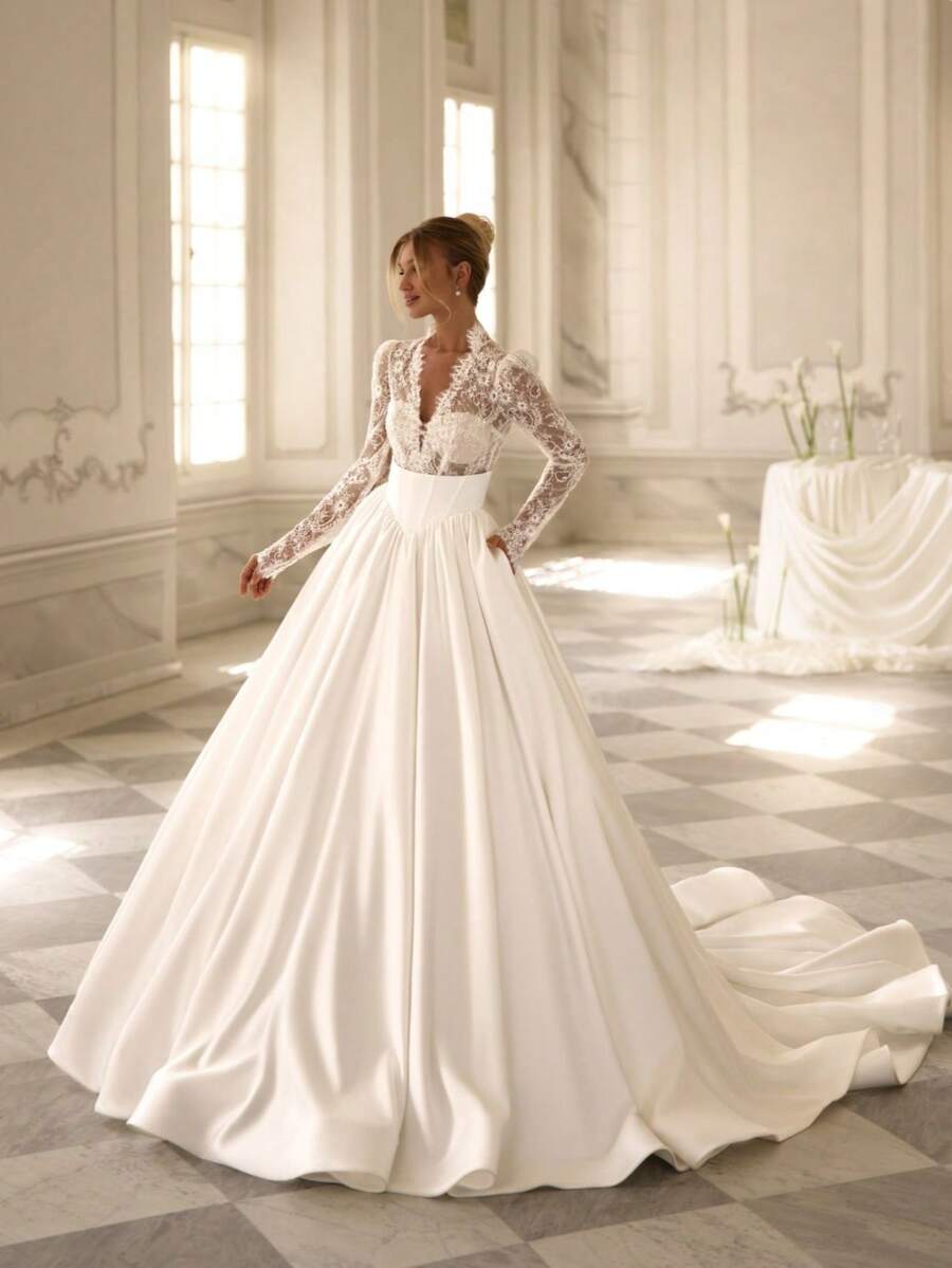 Timeless Deep V-Neck Long-Sleeve Lace & Satin Ballgown Wedding Dress With Train, Wedding Dresses For Bride, Elegant And Comfortable, Includes Plus Sizes, Bridal Gown, Formal Dresses For Women, Suitable For Wedding, Party, After-Party Dress, Cocktail Party, Bride, Formal Occasions, Dinner Dress, Prom Dress, Birthday Party, Celebration, Gala, Festival, Ceremony, Graduation, Homecoming Dress, Vacation, White - 白色 - 查看 1