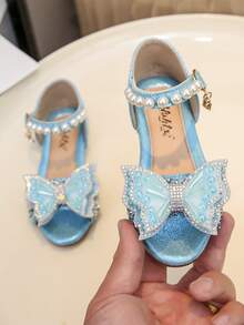 Cute Bow Pearl Rhinestone Flat Sandals For Little Girls Princess Shoes - Blue - View 1