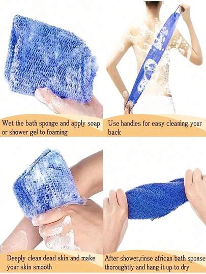 2pcs African Mesh Exfoliating Bath Towel Set, Double-Sided Design For Gentle Or Coarse Exfoliation, Effective Body Cleansing, Bathroom Back Scrubber Towel, Quality Mesh Material, Convenient Tie Design, Bath Sponge, Smooth Skin, Suitable For Daily Use (Blue, Purple)