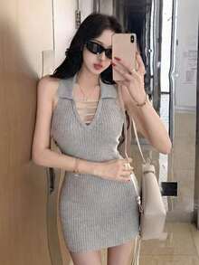 Sexy Bodycon Knit Mini Dress, Waist-Cinching, Sleeveless, Unique Design, New For Spring/Summer - Gray - View 5