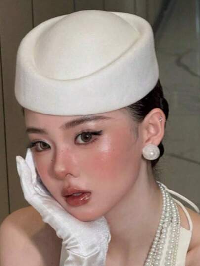 1pc Fashionable Solid Color Stewardess Hat, Elegant High-End French White Decorative Beret, Suitable For Weddings, Parties, Women's Accessories