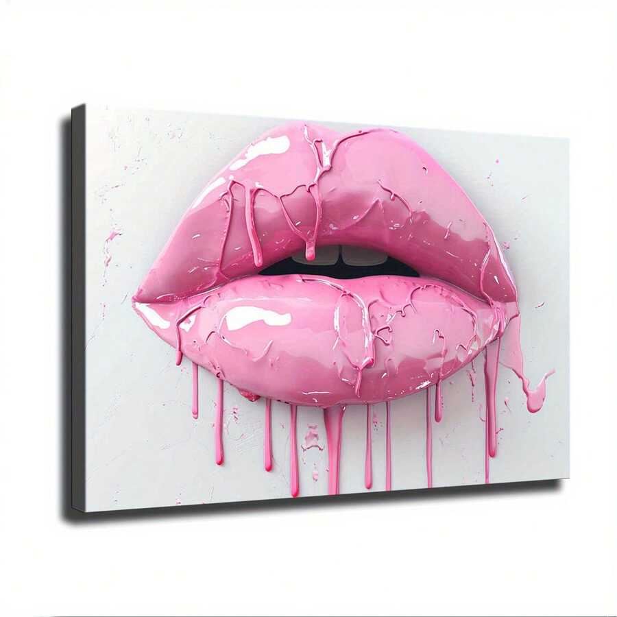 Lips & Light Pink Paint Wall Art - Framed Canvas Painting Poster, Soft Pink Lip, Bedroom, Home Office Decor - Traditional Female Face Art, Elegant Room Decoration Suitable - 1 - View 1