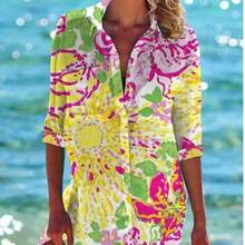 Women's Single Breasted Tropical Print Beach Cover Up Vacation Summer - Yellow - View 2