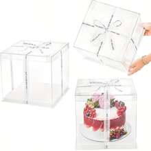 3个装高款透明蛋糕盒，带丝带 - PET材质透明方形蛋糕盒，翻盖式封口，一次性使用，可冷冻，适用于生日、婚礼、甜点展示 - 白色 - 查看 7