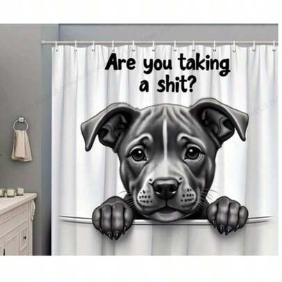 1件装俏皮偷看斗牛犬幼犬浴帘 - 幽默的“你在拉屎吗？”文字，灰度狗狗图案，涤纶材质，易于打理，含12个挂钩，非常适合浴室装饰，70.8x70.8英寸，宠物主题浴室 | 狗狗插画 | 趣味易打理布艺浴帘