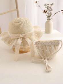 2件套儿童春夏草帽沙滩帽防晒帽，女孩公主帽及包包套装 - 2pcs - 查看 7