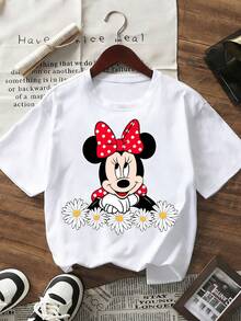 Disney Adorable Daisy & Minnie Mouse Head T-Shirt, Girls' Soft & Skin-Friendly Breathable Cotton Short Sleeve Top - 白色 - 查看 3