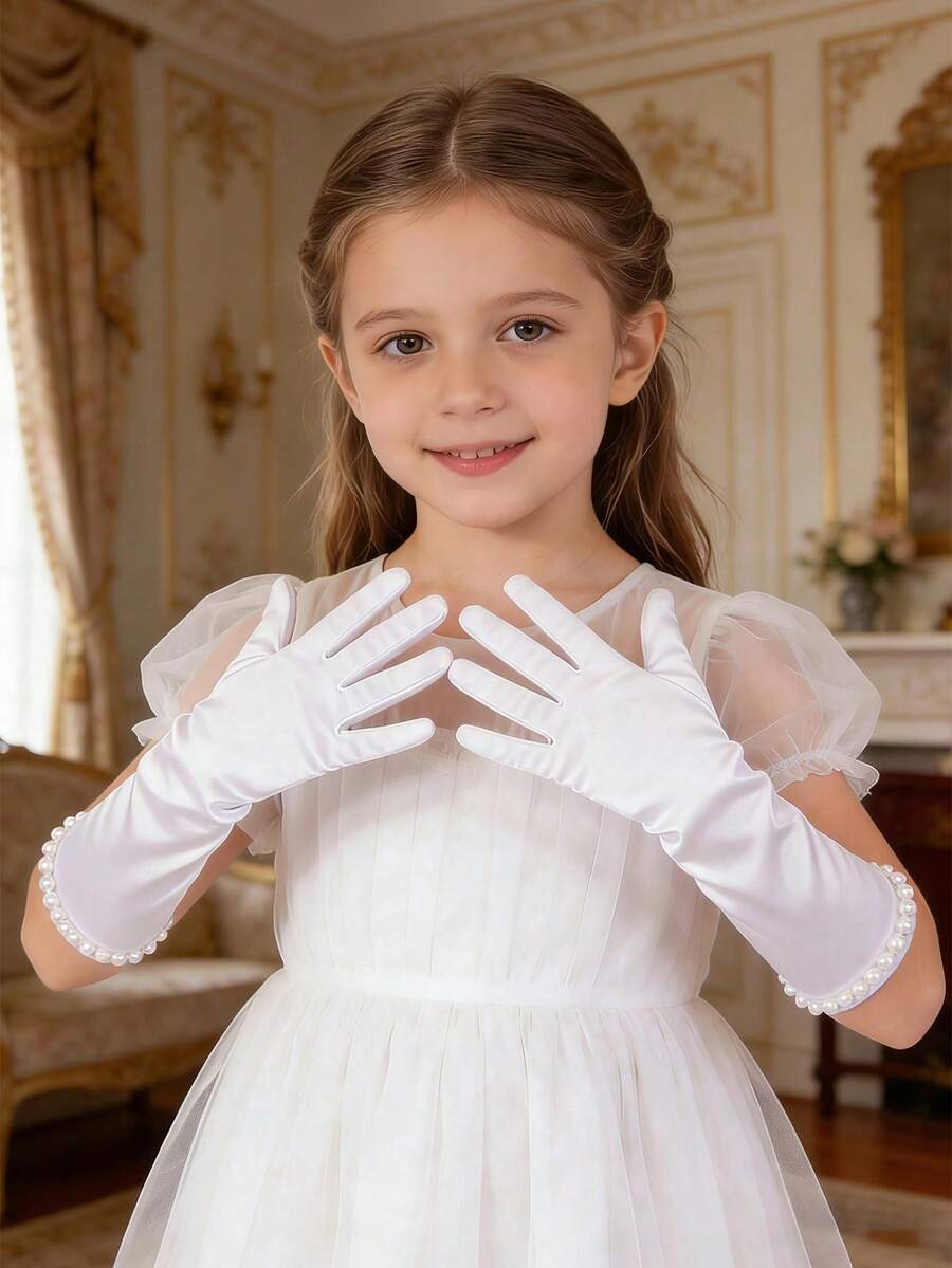 1 par de guantes formales de satén con adorno de perlas para niños (3-8 años) | Accesorio para vestido de niña de las flores, comunión, concurso de belleza, vestido de princesa - perla - Ver 1