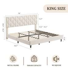 Base de Cama King con Cabecera Tapizada Ajustable, Plataforma Resistente con Soporte de Listones de Madera, Sin Resorte de Caja Necesario y Sin Ruido - Beis - Ver 2