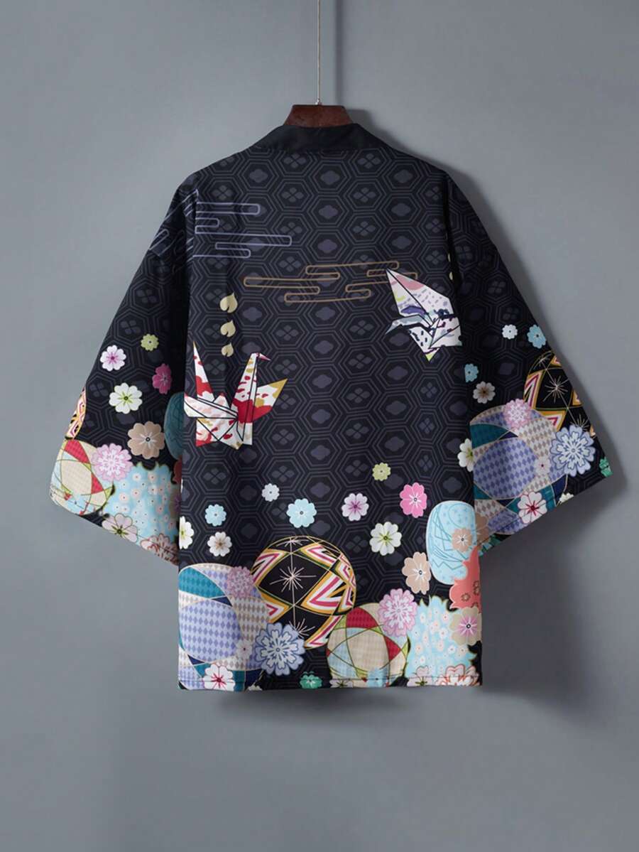 中国风复古宽松百搭新款改良汉服仙鹤印花和服罩衫,休闲街头沙滩度假防晒外套,男士夏季 - 黑色 - 查看 1