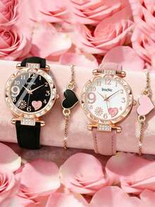 4/2pcs Girls Elegant Precise Round Firework Dial Quartz Watch, Paired With Heart-Shaped Bracelet Set, Suitable For Girls, Birthday/Holiday Gift, Perfect For Back To School, Parties, Vacations, Travels, Gifts For Friends, Family, Valentine's Day, New Year, Girls Graceful Accessories - Multicolor - View 3