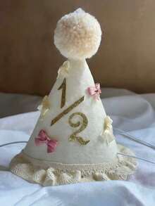 1顶婴儿周岁生日帽，蝴蝶结和绒球蕾丝花边发箍，适合派对装扮和拍照道具，男女宝宝均适用 - 彩色 - 查看 9