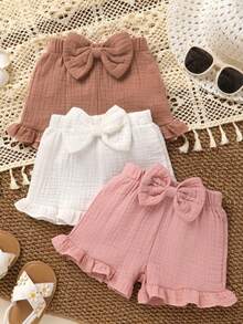 3pcs Baby Girls' Soft & Comfortable Casual Elegant Cute Simple Cotton Shorts Set, Bow Decor, Ruffle Hem, Elastic Waist, Infant Toddler Girl Clothing, Summer Daily Wear, Vacation, Photography, Outdoor Activities - 彩色 - 查看 1