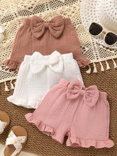 3件套女婴柔软舒适休闲优雅可爱简约纯棉短裤套装，蝴蝶结装饰，荷叶边下摆，松紧腰带，婴幼儿女童服装，夏季日常穿着，度假，摄影，户外活动