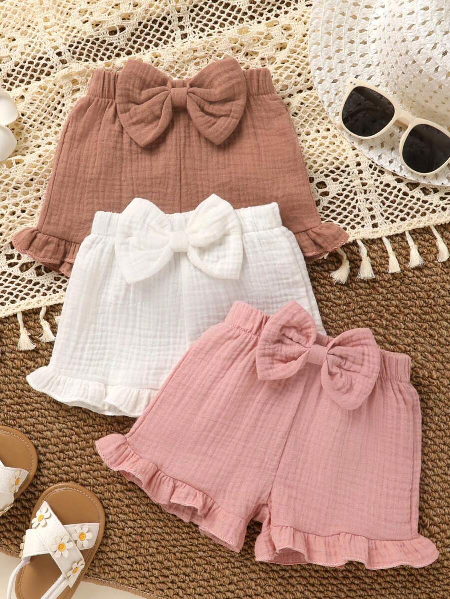 3pcs Baby Girls' Soft & Comfortable Casual Elegant Cute Simple Cotton Shorts Set, Bow Decor, Ruffle Hem, Elastic Waist, Infant Toddler Girl Clothing, Summer Daily Wear, Vacation, Photography, Outdoor Activities - 彩色 - 查看 1