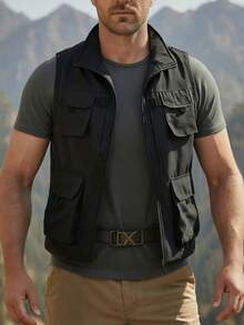 纯色无袖多口袋休闲实用背心，轻便百搭，适合日常穿着、摄影、户外活动、钓鱼、徒步、运动等场合，黑色夏季款 - 黑色 - 查看 3