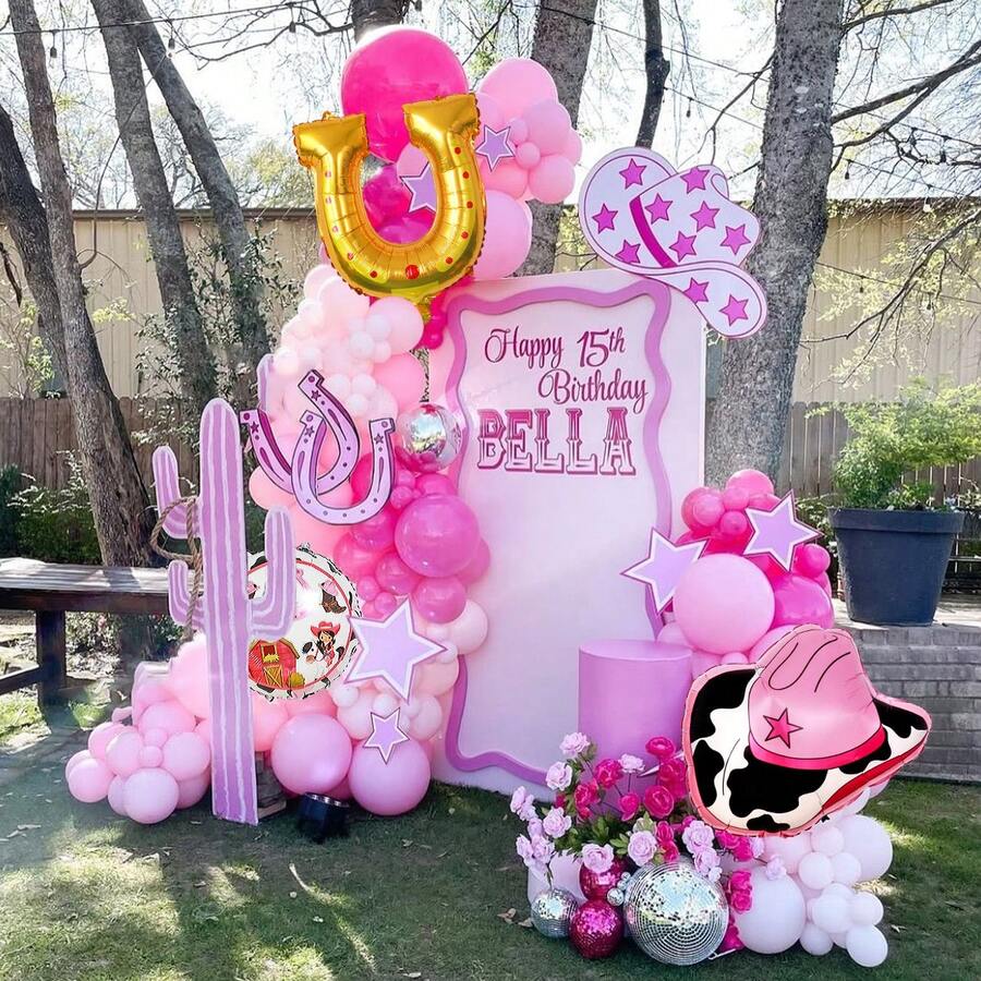 95件組西式主題生日派對裝飾套裝,包含粉色星星牛仔帽、馬蹄箔氣球,適用於西式牛仔生日派對裝飾、迎新派對、農場主題、Last Rodeo單身女派對裝飾 - 彩色 - 查看 1