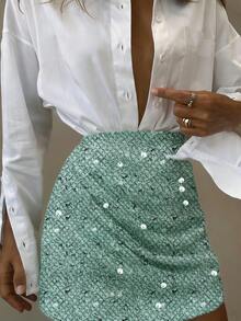 Elegant Women's Short Sequin Bodycon Skirt With Ruffle Design, Suitable For Party, Date, Office And Other Occasions - Mint Green - View 2