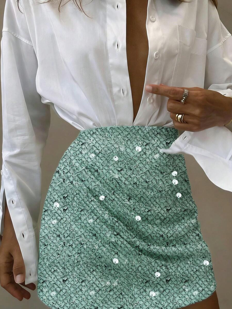 Elegant Women's Short Sequin Bodycon Skirt With Ruffle Design, Suitable For Party, Date, Office And Other Occasions
