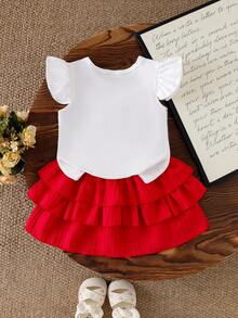 2pcs Baby Girl Princess Style Outfit: Big Bow Accent Cap Sleeve T-Shirt Top And Multi-Layer Ruffle Hem Cake Skirt Set - Red - View 3