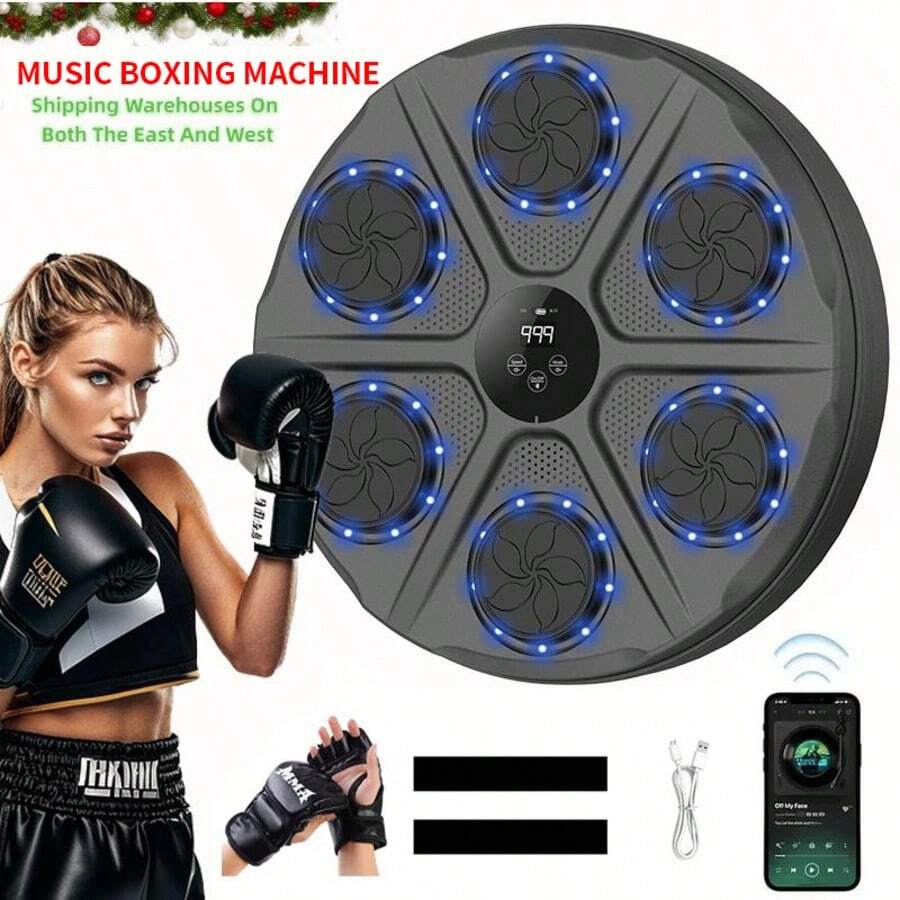 Music Boxing Machine With Gloves,Adult Smart Wall-Mounted Boxing Machine,Boxing Training Machine,Boxing Workout Equipment,High-Quality Electronic Boxing Training Target,Agility Training Equipment,Easy-To-Install Boxing Target,Music Boxing Machine With Adult Premium Boxing Gloves,Suitable For Home, Office And Gym - 黑色拳擊機+黑手套 - 查看 1