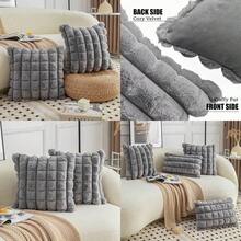 Grey Faux Fur Cozy Soft Plaid Decorative Throw Pillow Covers 18x18 Inch Set Of 2Velvet Pillowcase Cushion Case For Sofa Couch - Plaid Darkgrey+40L X 40W cm (Pack Of 2) - View 7
