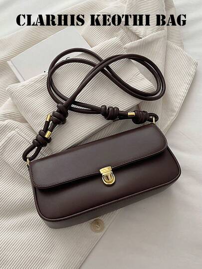 Este es un bolso de hombro versátil para mujeres de color café con apariencia de cuero PU de unicolor. Cuenta con cierre de hebilla metálica, cierre interior con cremallera, diseño con solapa, forma cuadrada, estilo de estuche para gafas, asa superior que se puede llevar con una mano, diseño acolchado libre, correa de hombro larga ajustable.