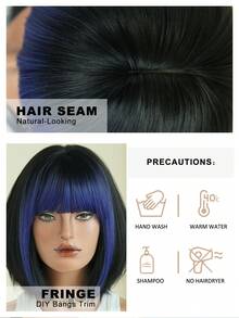 7JHH WIGS 12英寸女士黑色短直发假发，带蓝色刘海，全机织耐热合成纤维，适合日常、派对、音乐节、庆典和角色扮演。 - 藍色 - 查看 2