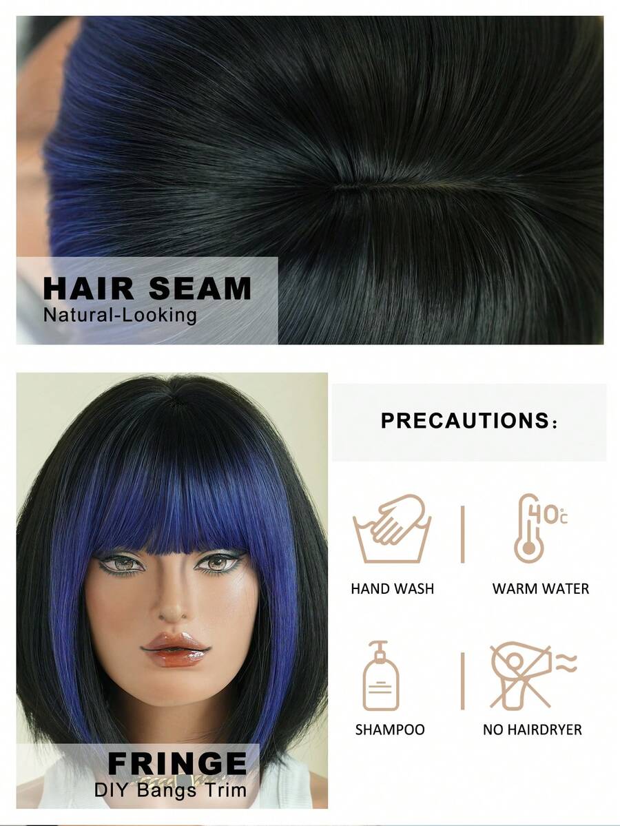 7JHH WIGS 12英寸女士黑色短直发假发，带蓝色刘海，全机织耐热合成纤维，适合日常、派对、音乐节、庆典和角色扮演。