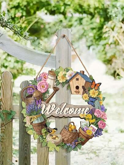 1件装木质欢迎牌，彩色花环前门墙面装饰挂件，家居花园户外门廊/庭院农舍风格牌匾