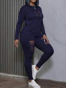 Plus Size Women's 2-Piece Set, Sexy Hollow-Out Long Sleeve Top And Perforated Design Pants, Suitable For Spring And Autumn Elegant - Navy - View 5