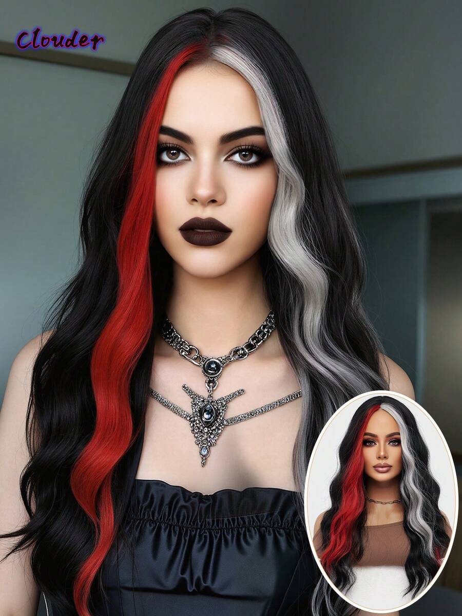 clouder 哥特朋克黑灰红双色长波浪卷假发，26英寸中分刘海，耐热合成纤维假发，女士哑光质感卷发，适合日常角色扮演、节日派对、音乐节、Y2K街头风、前卫学院风、现代时尚朋克美学。 - 彩色 - 查看 1