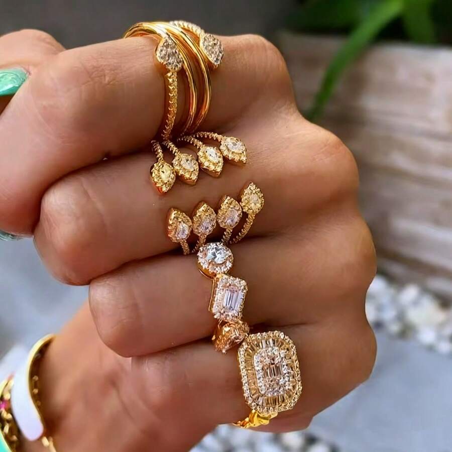 VKHK 1pc Luxurious Fully Rhinestone Zirconia Adjustable Open Ring, Suitable For Women's Daily And Wedding Wear, Gift - Multicolor - View 1